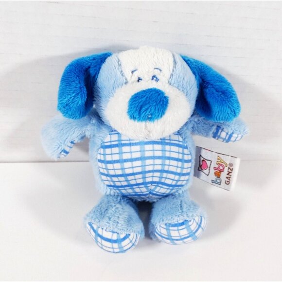 BABY GUNZ Blue Puppy Rattle LOVEY 6" Plush Stuffed w/Plaid Hands feet belly - Picture 1 of 4